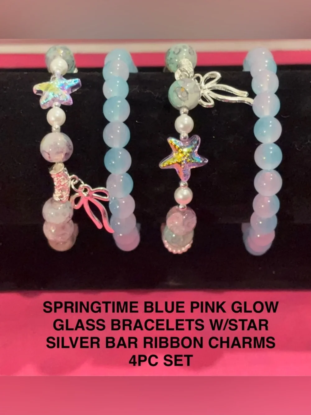 Mothers Day Blue & Pink Glow Glass Beaded W/Bow Star Charm Bracelet Set - 4PC - Picture 2 of 3